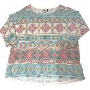 AKEMI + KIN Sweater Geometric‎ Crew Neck 3/4 Sleeve Southwest Boho Teal Pink LG
